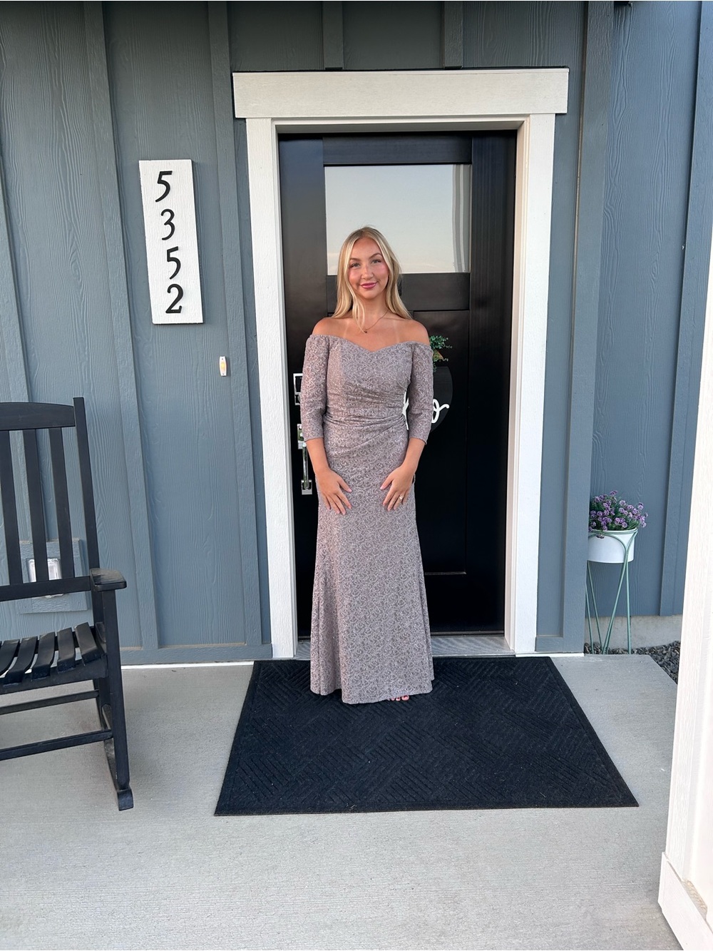 Oleg Cassini Off-Shoulder Taupe Evening Gown